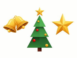 A festive illustration featuring golden bells, a decorated Christmas tree with ornaments and a star, and a separate golden star, all on a white background.