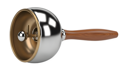 Shiny hand bell with wooden handle, isolated on transparent background