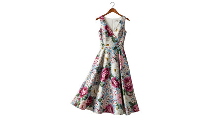 Elegant sleeveless floral print aline dress on hanger, isolated on transparent background
