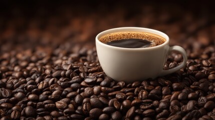 A white cup filled with hot coffee rests on a surface covered with dark roasted coffee beans. The scene captures the essence of a morning routine at a cafe
