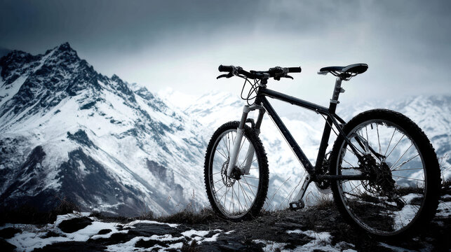 A mountain bike stands poised on a snowy peak, ready to descend into the breathtaking expanse of a snow-covered mountain range under a cloudy sky in winter. - Powered by Adobe