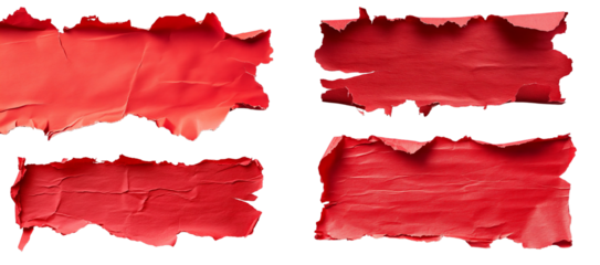 Red torn paper pieces with rough ripped edges isolated on a transparent background