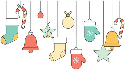 Festive holiday ornaments like stockings, candy canes, bells, and mittens create a joyful, vibrant Christmas celebration backdrop.