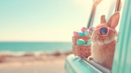Cute rabbit wearing sunglasses looks out of car window by the beach