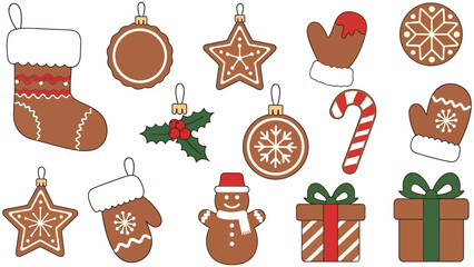Festive gingerbread Christmas ornaments collection, including stocking, snowman, snowflakes, mittens, stars, gifts, and candy canes, perfect for holiday decorations and design.