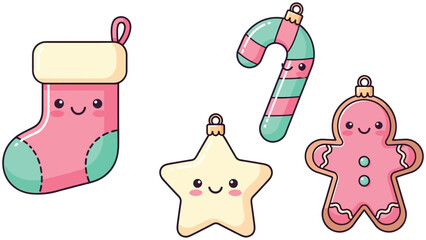 Charming kawaii Christmas ornaments including stocking, candy cane, star, and gingerbread man, perfect for festive decorations and holiday designs