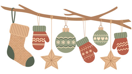 Cozy winter holiday decorations, including knitted stockings, festive mittens, and sparkling ornaments, beautifully arranged on a rustic branch for seasonal cheer.