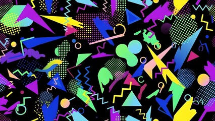 Vibrant abstract retro 80s 90s geometric pattern with neon shapes and bright colors on a dark background.
