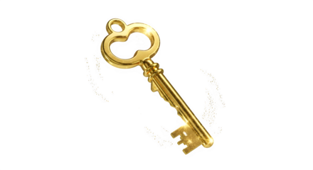 Golden antique skeleton key isolated on transparent background, symbol of access, security, and success