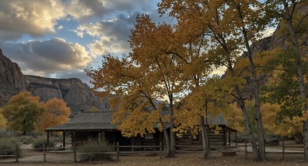 Obraz premium autumn colors frame a historic log cabin in zion national park under a dramatic sky.