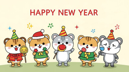Fototapeta premium Cute cartoon bears celebrating happy new year with party hats and lollipops