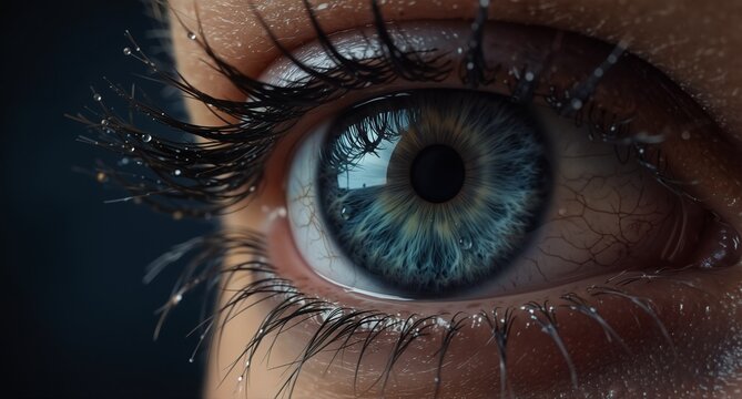 close-up of a beautiful blue eye with delicate eyelashes and water droplets, reflecting a bright sky. - Powered by Adobe