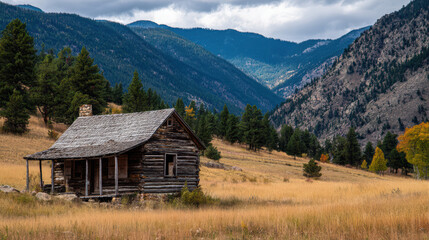 Obraz premium Weathered log cabin rests peacefully in a golden meadow surrounded by verdant pine trees, set against the backdrop of a majestic mountain range under a cloudy sky.