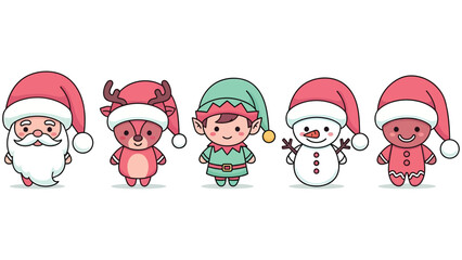 Charming Christmas characters including Santa, reindeer, elf, snowman, and gingerbread man create festive holiday joy and seasonal cheer for celebrations.