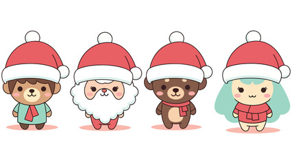 Adorable kawaii cartoon characters celebrating Christmas holidays with festive Santa hats and warm scarves creating joyful winter scenes