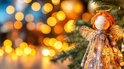 Naklejka premium Doll with angel wings on a Christmas tree with lights in the background