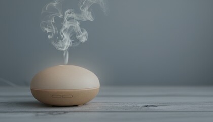 Aromatherapy diffuser emitting gentle mist and soft ambient light on a wooden surface