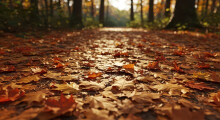 Forest pathway completely covered with fallen autumn foliage illuminated by sunlight