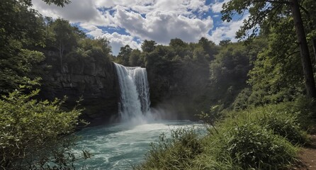 Fototapeta premium lush waterfall cascading into a turquoise pool surrounded by vibrant green forest on a sunny day.