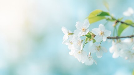 Blooming white flowers in sunlight near a blue background during spring season
