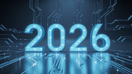 Glowing blue 3d numbers 2026 in a futuristic digital circuit board environment with reflections