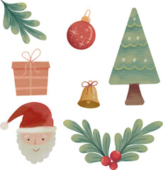 Hand-drawn Watercolor Illustration of Christmas and New Year Decorations
