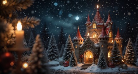 magical winter castle scene with illuminated snow-covered trees and festive ornaments, perfect for holiday greetings and christmas themes.