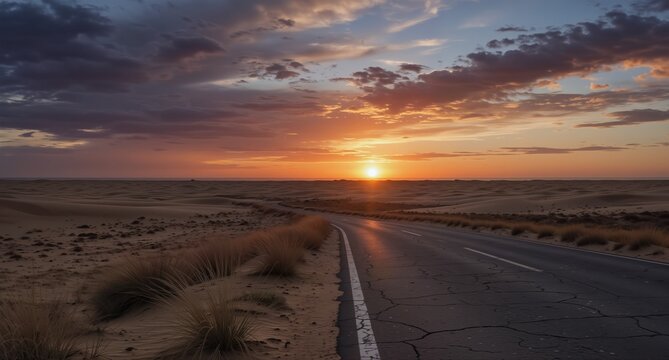 empty road through sand dunes at vibrant sunset with dramatic sky and golden light. - Powered by Adobe