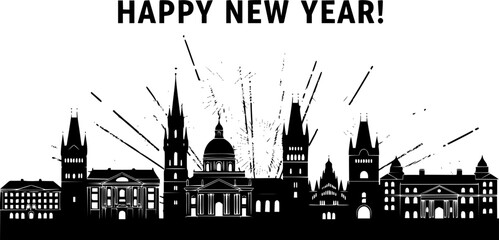Fototapeta premium Header: Historische Stadtkulisse mit Silvester-Feuerwerk – HAPPY NEW YEAR!.