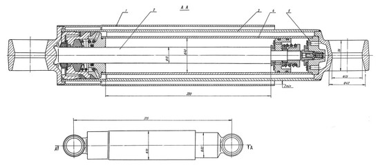 Truck suspension shock absorber. Engineering automotive assembly mechanical drawing of steel 
device on paper sheet. Industrial machined cad scheme. Technology design of machine building industry.