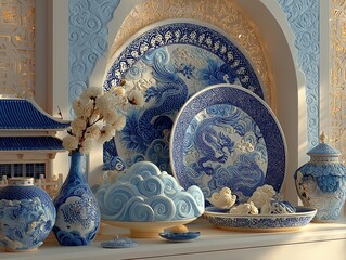 Ultra HD 8K Photorealistic 3D Render of Blue-and-White Porcelain Display with Dragon and Phoenix Patterns on Light Blue Background