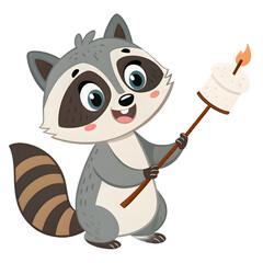 Cute cartoon raccoon happily roasting a marshmallow on a stick