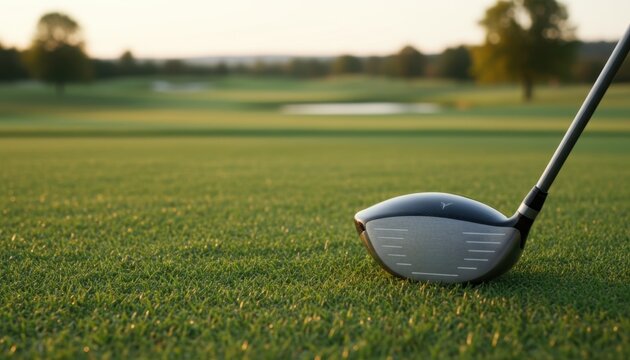 Golf driver lying on lush green grass of a scenic golf course at golden hour, ready for play - Powered by Adobe