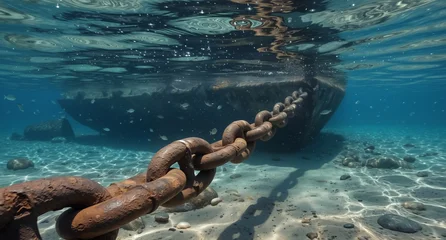 Keuken achterwand Schipbreuk rusted ship chain on sandy seabed with blurred shipwreck in clear turquoise water.  © KarpenArt Studio