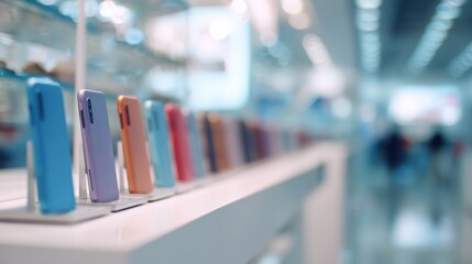 Different colors of mobile phone cases lined up in a store display