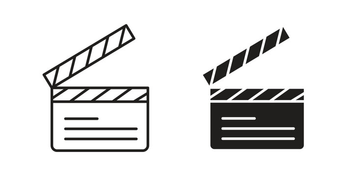 Film clapperboard icons in filled, thin line, outline and strokes