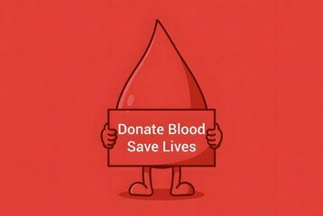 Bright flat illustration of a friendly blood drop mascot holding a “Donate Blood Save Lives” sign on a bold red background for health donation campaigns