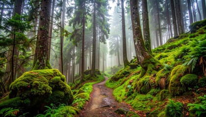 Fototapeta premium Forest trail ascending through tall evergreens and lush undergrowth, fading into misty background with tranquil atmosphere and filtered light.