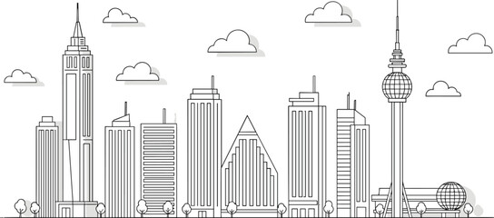 City skyline line art, architectural diversity, urban building silhouettes, black and white design, tower and dome structures, minimalist cityscape concept