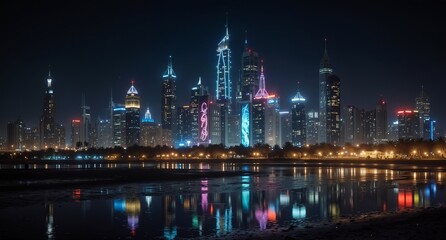 Obraz premium dubai skyline at night with illuminated buildings reflecting in water, united arab emirates