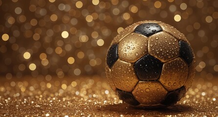 golden soccer ball with water droplets on a sparkling golden background, celebrating victory and sportsmanship.