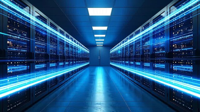 A data center with server racks illuminated by bright blue light streams, offering a futuristic aesthetic