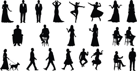 Elegant human silhouettes, dancing poses, walking figures, seated people, formal fashion, evening gowns, tuxedo shapes, diverse actions, isolated black silhouettes on white background 