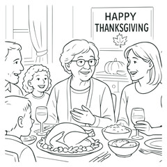 Happy Thanksgiving Family Dinner Coloring Page with Grandmother and Turkey