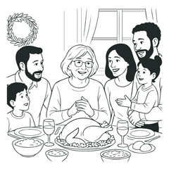 Joyful Family Holiday Dinner Gathering Line Art