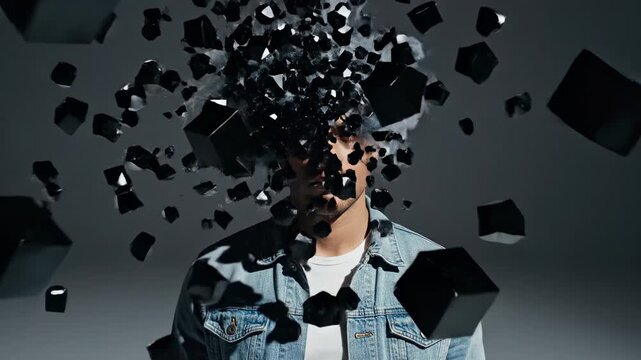 Conceptual representation of a young man's head exploding and reforming from black cubes, symbolizing mental burnout, stress, anxiety, and information overload from the digital world