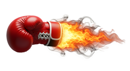 Red boxing glove punching with fire trail isolated on transparent background