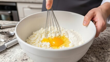 Female mixing ingredients in bowl for homemade cake baking process