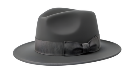 Classic gray fedora hat with textured band, isolated on transparent background