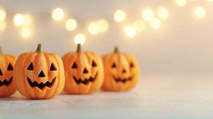 Halloween pumpkins with carved faces lined up under string lights